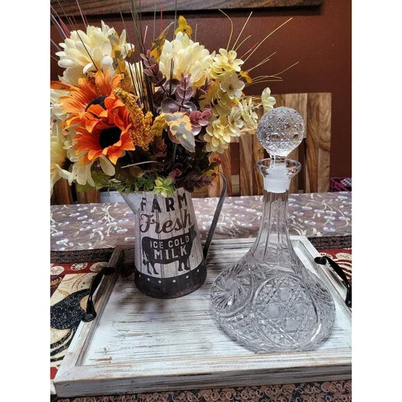 Ship Decanter Hand Etch Pressed Glass Bottle Pinwheel Decorated Stopper Rogaska Decor